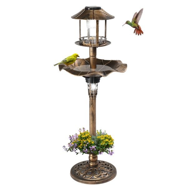 Outdoor Solar Lighted Pedestal Bird Bath Resin Fountain Decoration with Planter and Feeder, Decorative Vintage Bird Feeder for Garden Yard, Bronz Outdoor Solar Lighted Pedestal Bird Bath Resin Fountain Decoration with Planter and Feeder, Decorative Vintage Bird Feeder for Garden Yard, Bronz