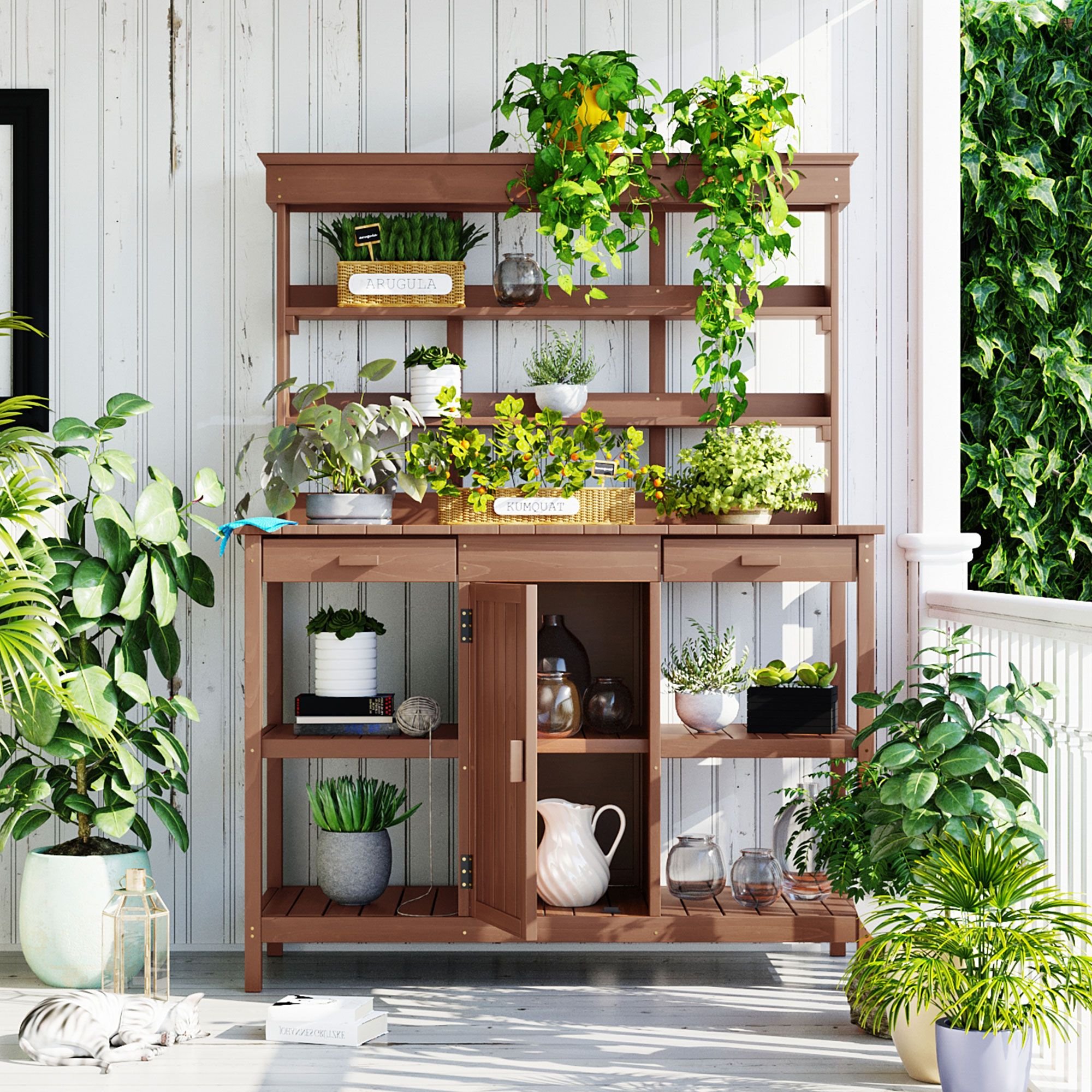 66" Large Outdoor Farmhouse Wooden Potting Bench Table, Garden Workstation with 2 Drawers, Cabinet and Open Shelves for Backyard, Mudroom 66" Large Outdoor Farmhouse Wooden Potting Bench Table, Garden Workstation with 2 Drawers, Cabinet and Open Shelves for Backyard, Mudroom